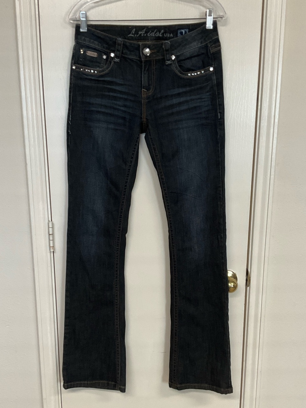 L.A. Idol fashion jeans Rhinestone Straight Leg Jeans Black Waist 7